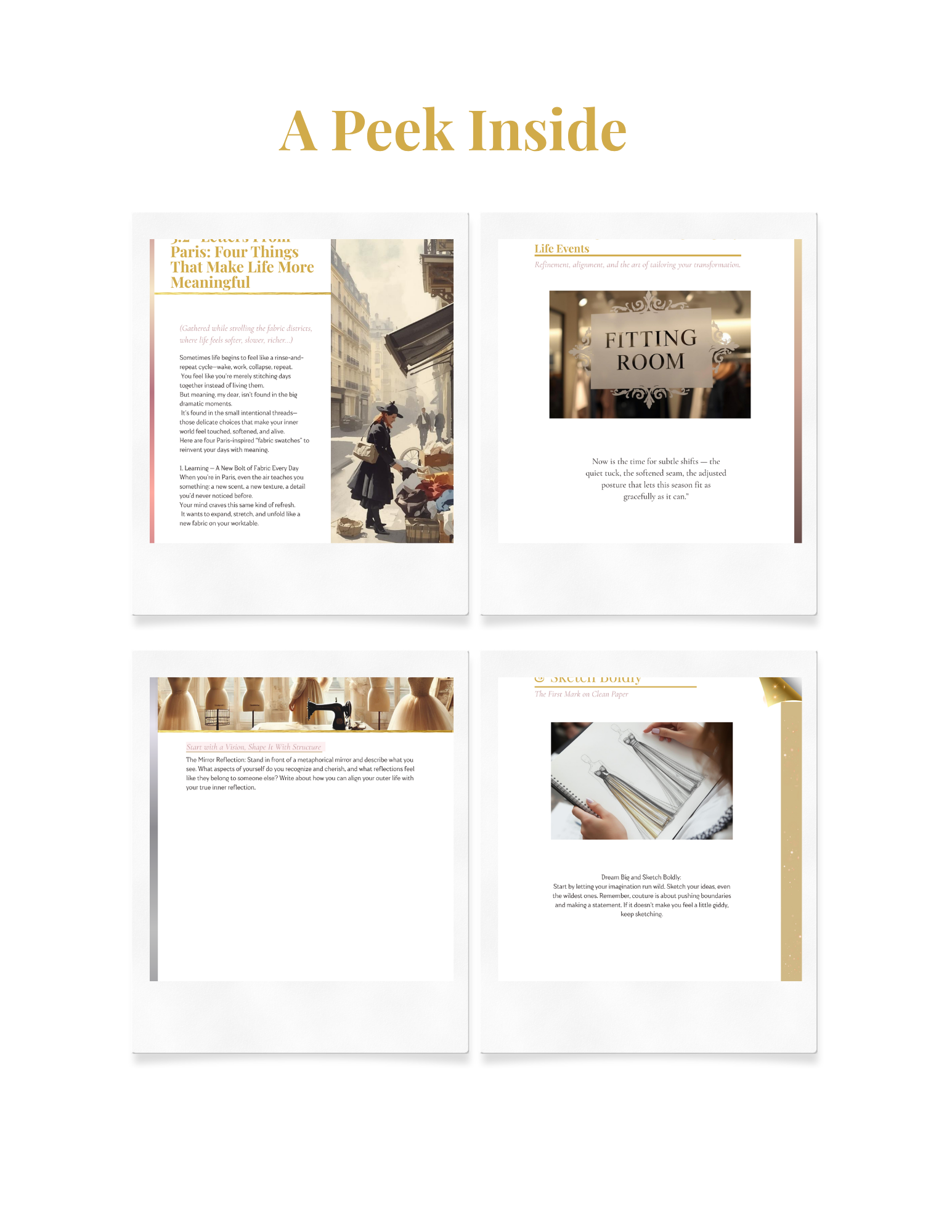 Collection of four magazine or brochure pages about fashion, life events, sewing, and sketching, with images of Parisian street, fitting room, dress forms, and sketchbook.