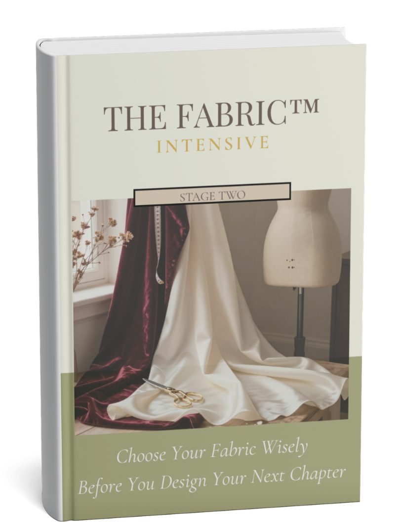 Cover of a book titled 'The Fabric Intensive' with a subtitle 'Stage Two.' The cover features a photograph of fabric, a pair of scissors, a mannequin, and a window with curtains.