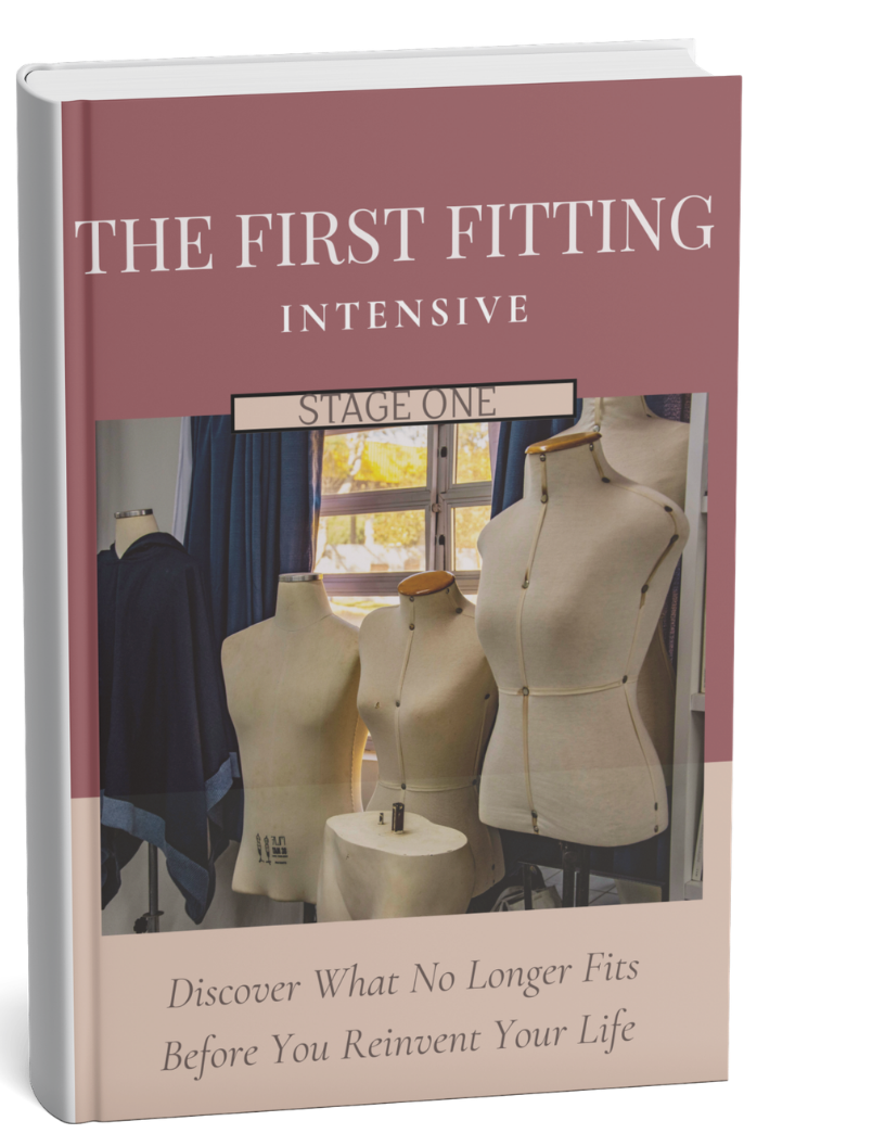 Book cover titled "The First Fitting Intensive, Stage One" with mannequins and sewing tools in a workshop setting, and a window with blue curtains in the background.