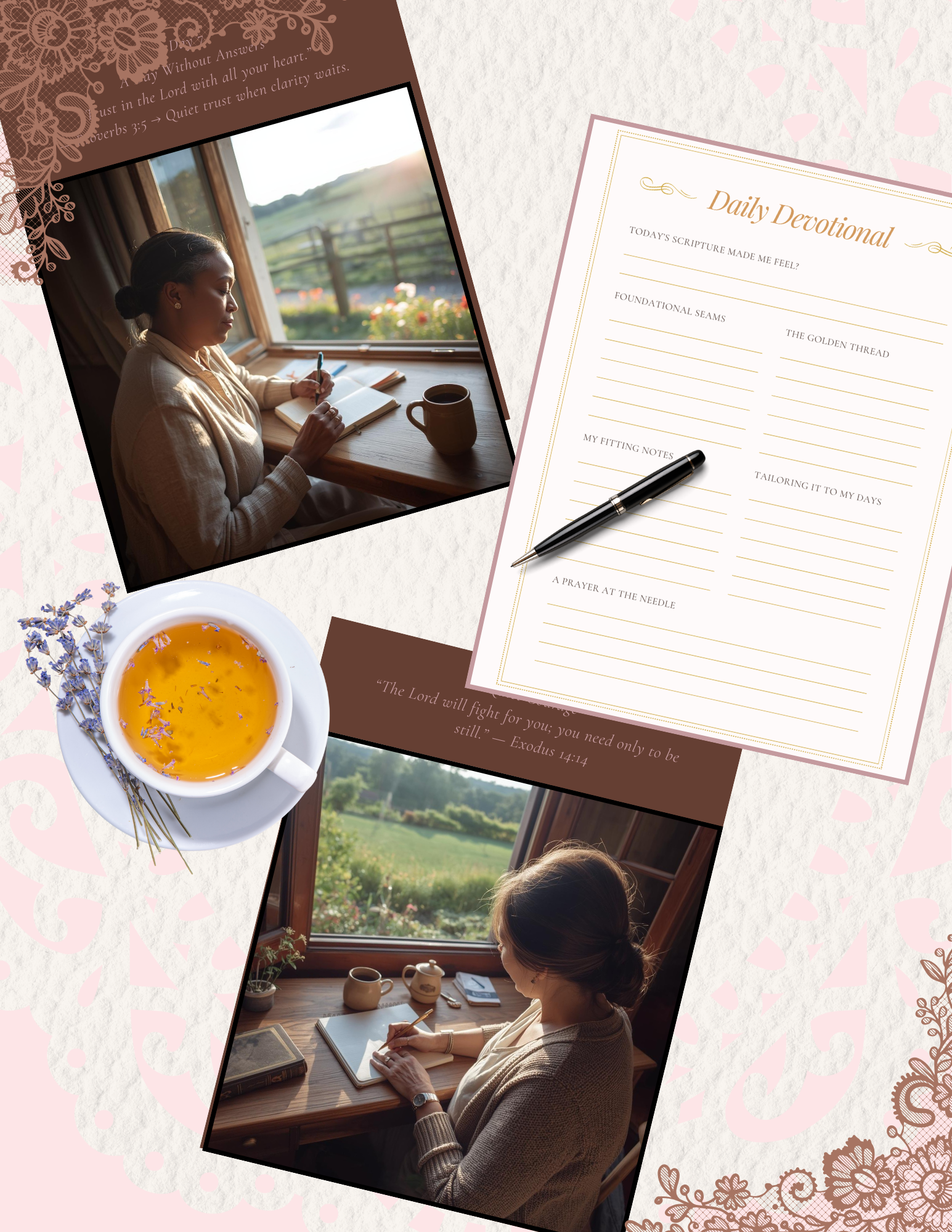 A collage of two women writing in notebooks at a window with a scenic view, a cup of tea with lavender, and a devotional sheet titled "Daily Devotional" on a patterned background.