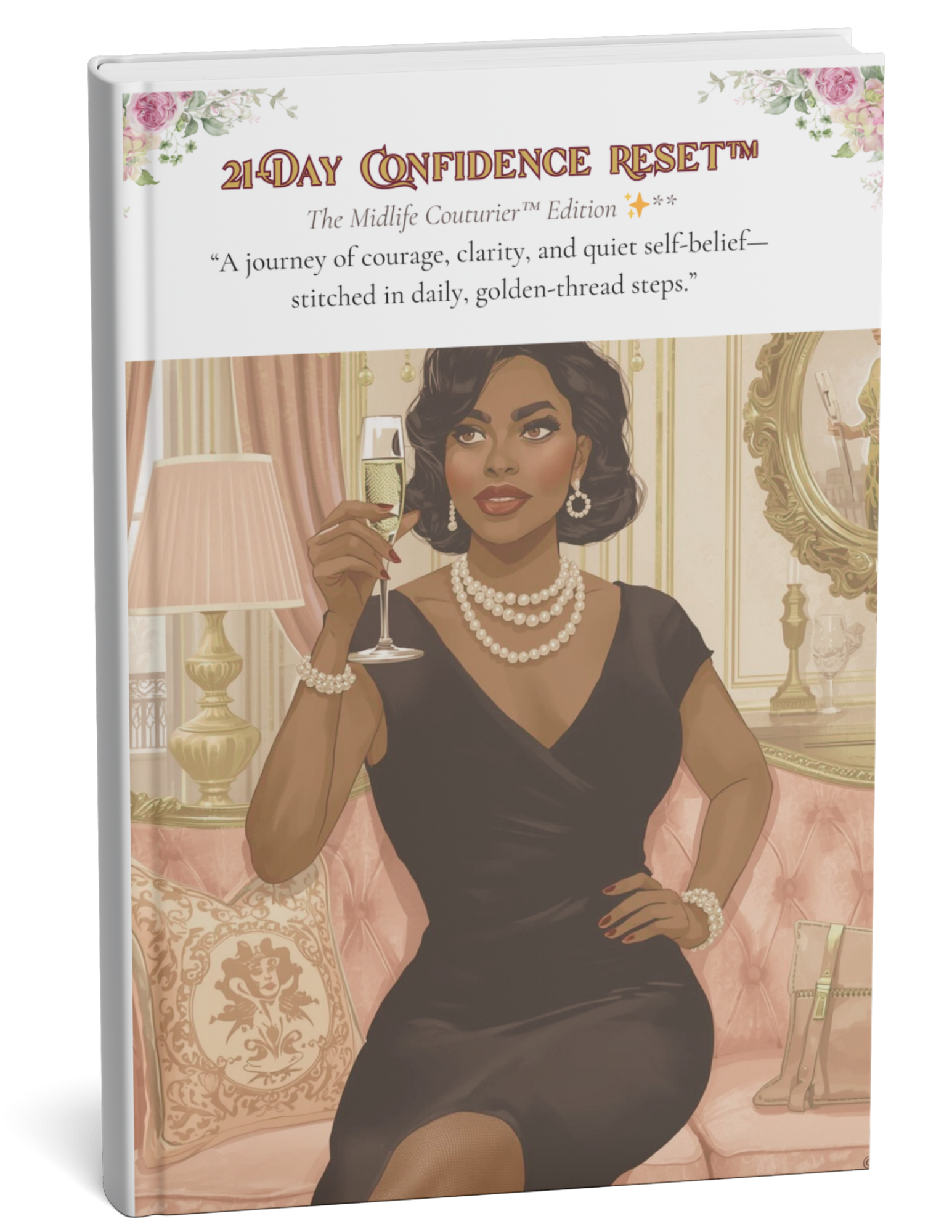 Book cover titled '21-Day Confidence Reset' featuring an illustrated woman in a black dress, pearl jewelry, holding a champagne glass, sitting in an elegant room with pink furniture and gold accents.