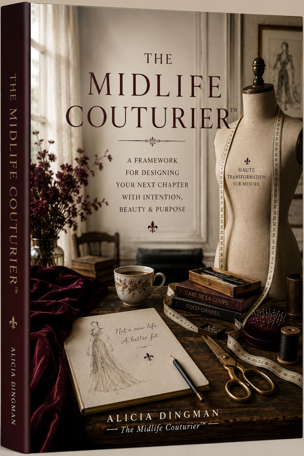 Cover of a book titled "The Midlife Couturier" with a vintage sewing room scene. Includes a dress form with measuring tape, open sketchbook with a dress drawing and quote, coffee cup, scissors, and sewing tools on a wooden table.
