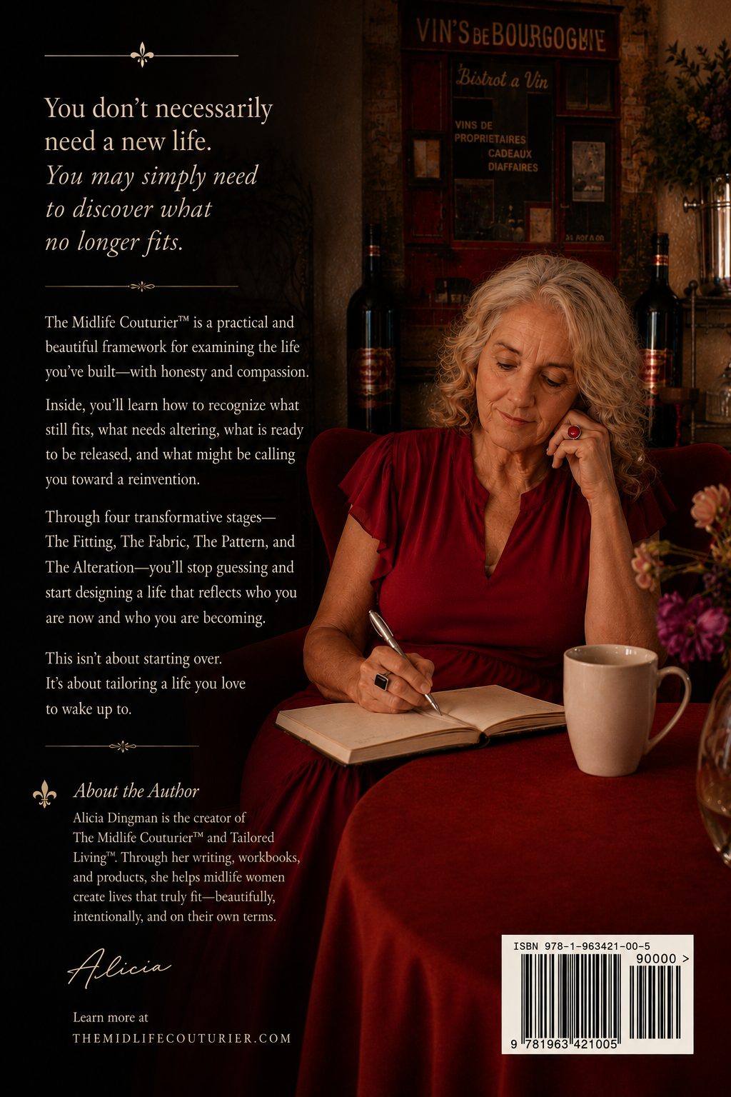 Back cover of a book featuring a woman with curly blonde hair in a red dress, writing in a notebook at a red-draped table, with a coffee mug in front and a bouquet of purple and pink flowers to the side, against a rustic wine bar background.