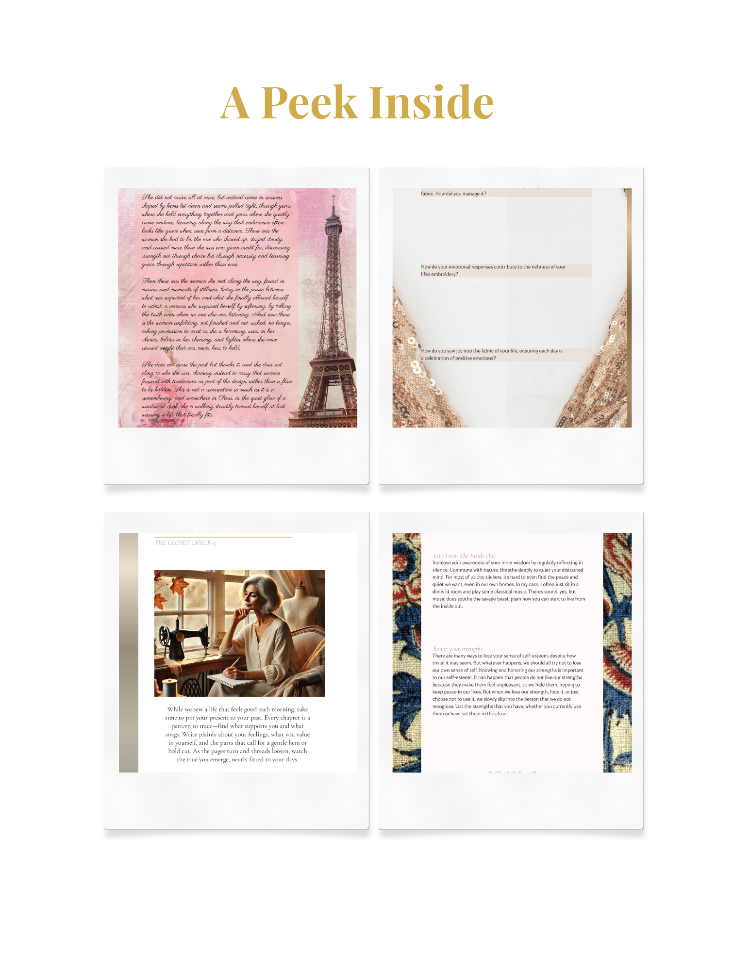Four pages of a magazine or brochure with fashion, embroidery, and lifestyle content. The first page features a pink background with text and an image of the Eiffel Tower. The second page has a white background with text about emotional responses and fabric, with a close-up image of sequined fabric. The third page shows a woman sewing with a sewing machine near a window, with text about sewing and daily routines. The fourth page contains text about inner wisdom, strength, and self-esteem, accompanied by a colorful woven textile pattern.