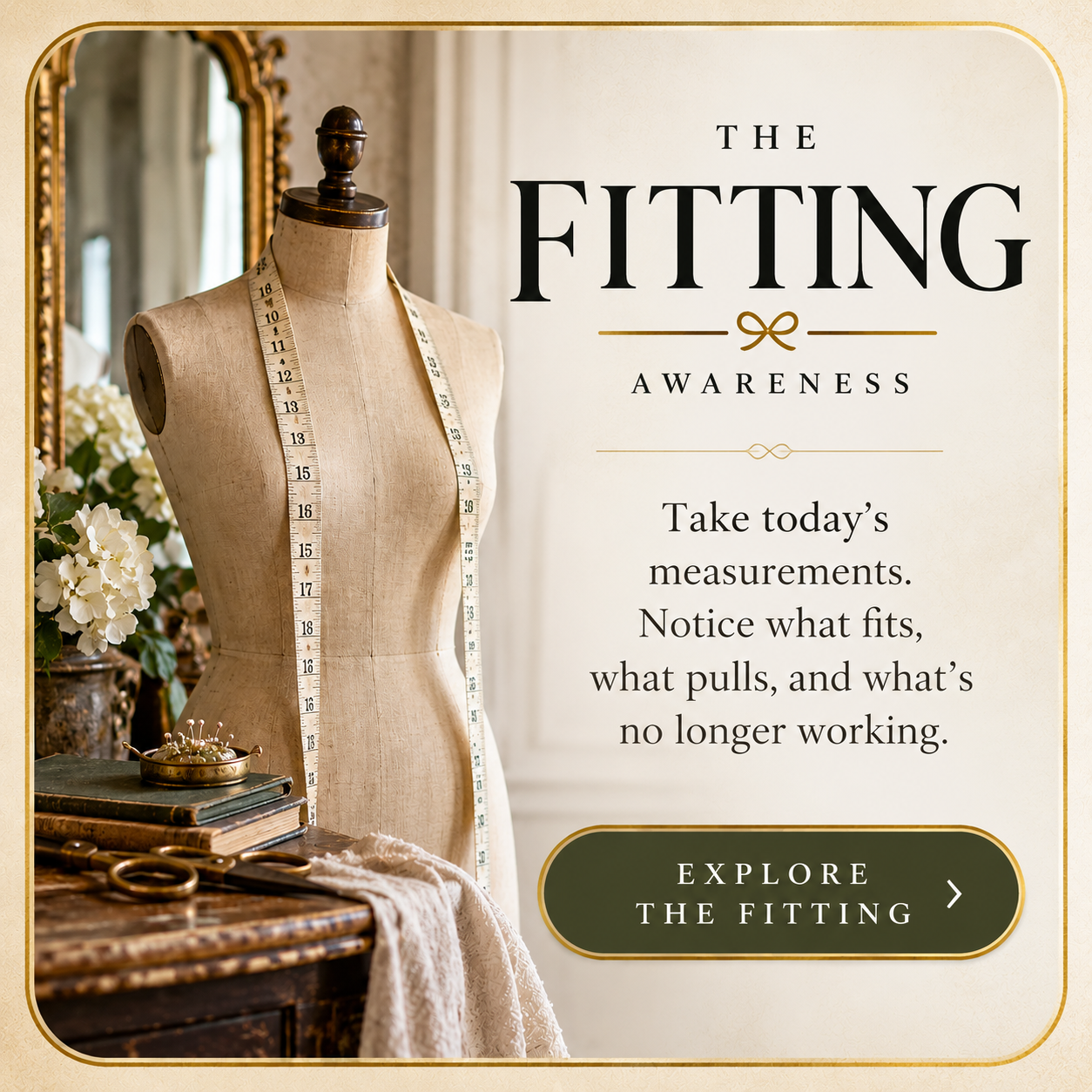 The Fitting book card from The Midlife Couturier™, exploring awareness and recognizing what still fits in your life.
