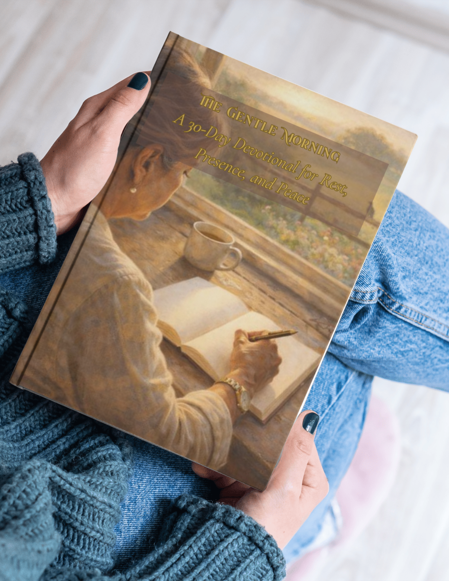 A person holding a devotional book titled 'The Gentle Morning: A 30-Day Devotional for Rest, Presence, and Peace,' featuring an oil painting of an elderly woman writing in a journal, with a cup of coffee on the table, and a window overlooking a scenic view.