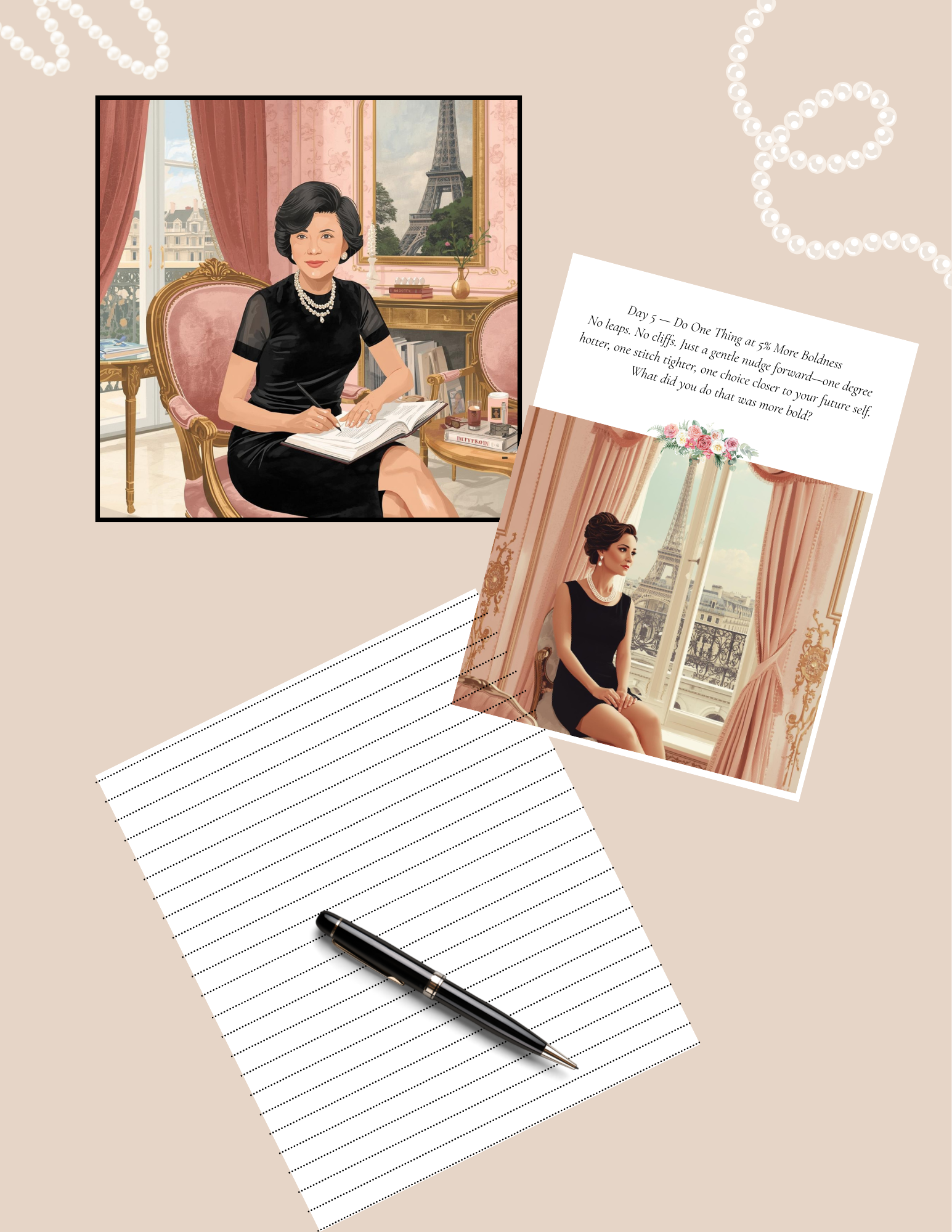 Two illustrated women in elegant dresses, one sitting in front of the Eiffel Tower and the other in a Parisian room with pink curtains. There is a lined notepad with a pen, and a card with a poem about boldness.