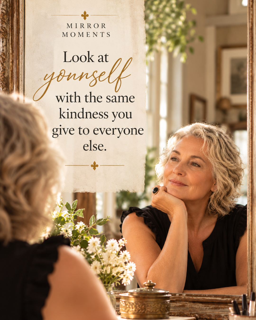 Midlife woman looking thoughtfully into an ornate mirror beside the words “Feeling Lost in Midlife? Start With What Has Always Been True About You.”