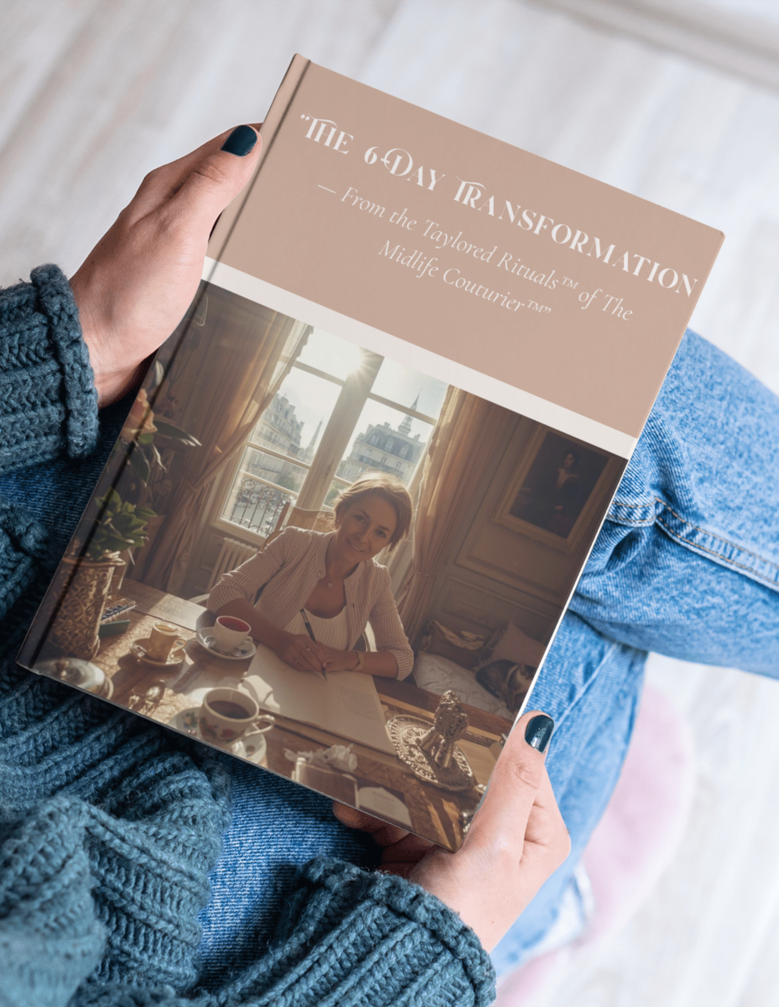 Person sitting on a bed holding a book titled 'The 6 Day Transformation'. The book cover features a woman sitting at a desk with a window showing buildings in the background.