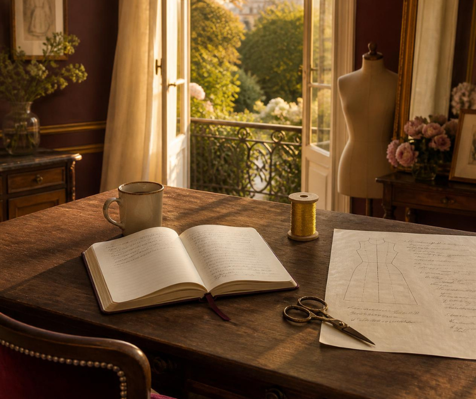 Sunlight streams through an open window onto a wooden desk with an open notebook, a cup, sewing thread, scissors, and pattern papers, with a mannequin and flowers in the background.