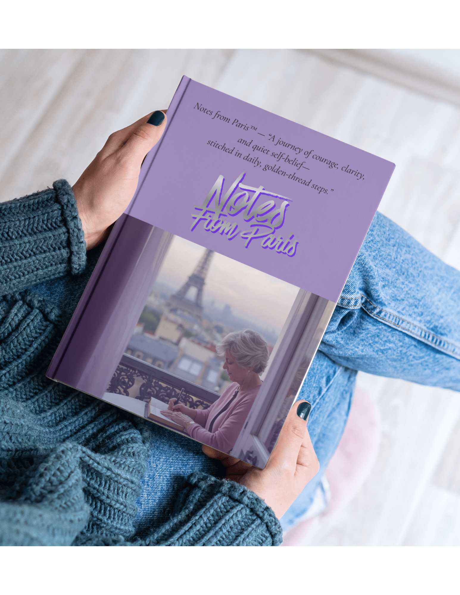 A person wearing a gray knit sweater and blue jeans sitting cross-legged, holding a purple book titled 'Notes from Paris' with an image of a woman writing in Paris overlooking the Eiffel Tower in the background.