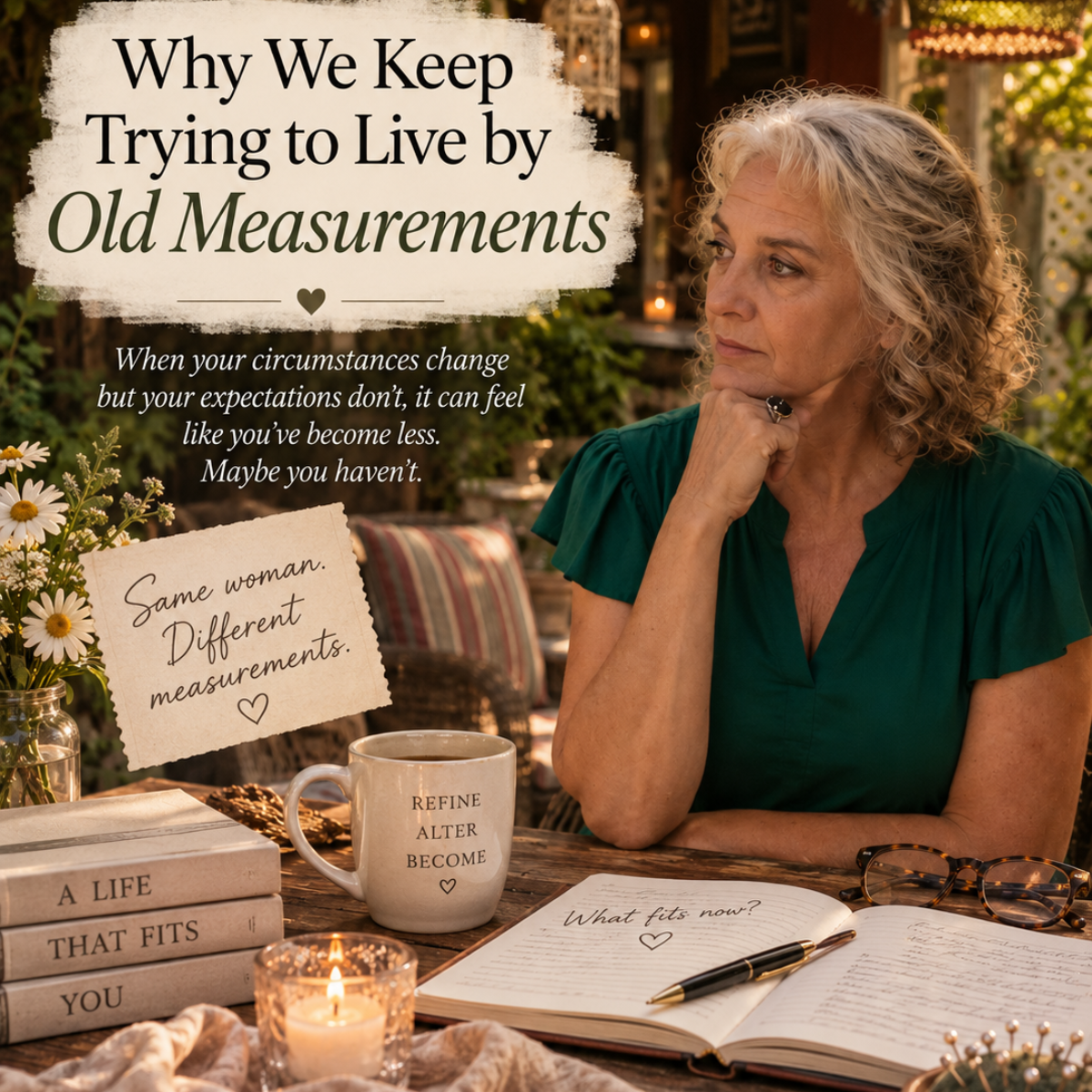 Cozy Midlife Couturier editorial scene with journal, measuring tape and the words Why We Keep Trying to Live by Old Measurements.