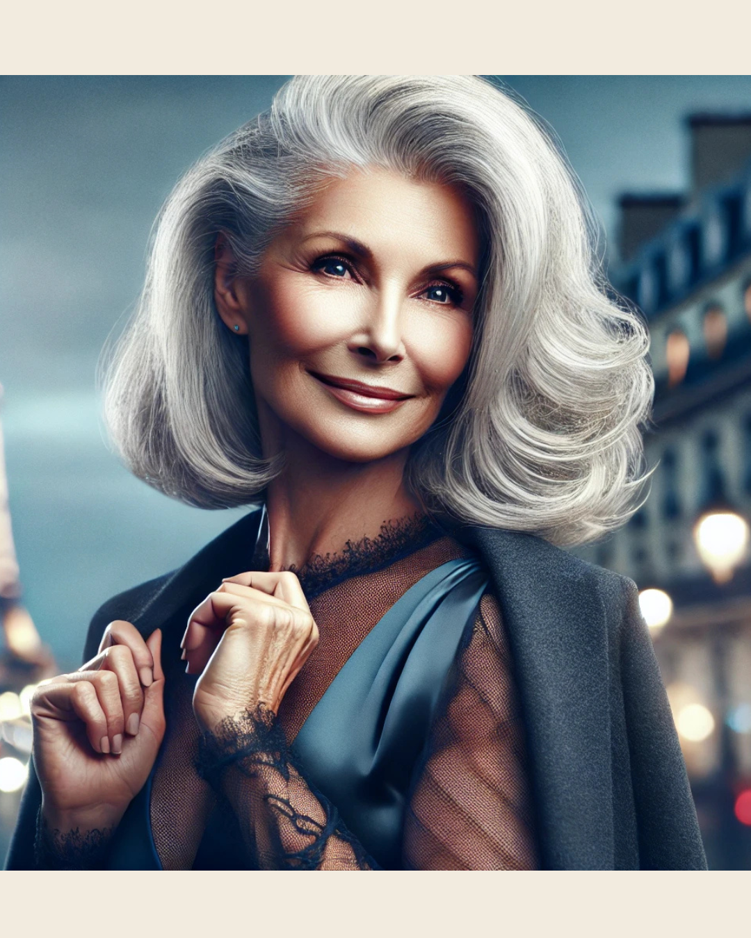 A portrait of an elderly woman with gray hair styled in soft waves, smiling with a city street background at dusk.