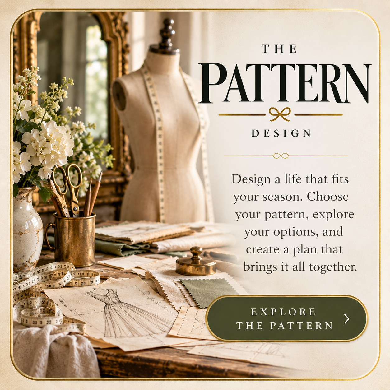 The Pattern book card from The Midlife Couturier™, exploring how to design a life that fits your needs and priorities.