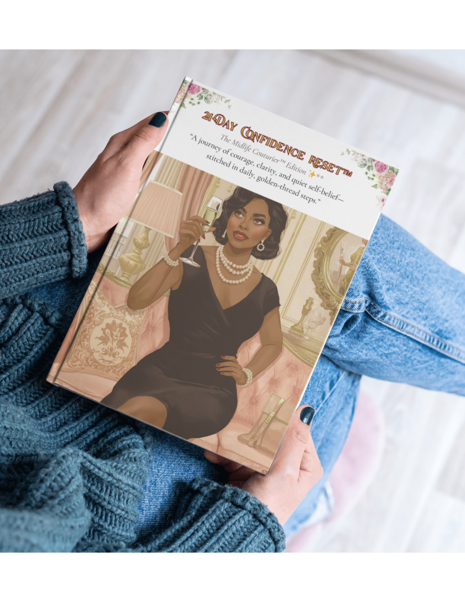 Book titled '21 Day Confidence Reset' held by a person wearing a dark sweater, featuring a woman in a black dress with pearl jewelry, sitting with a glass of champagne in an elegant, ornate room.