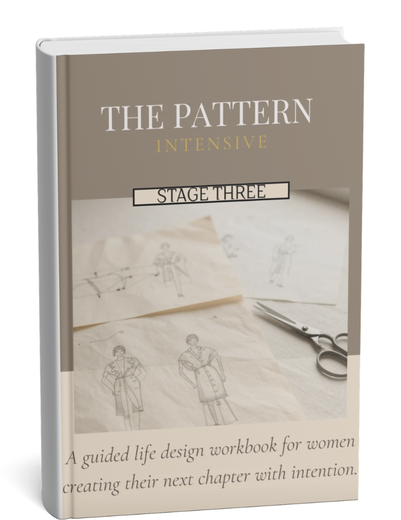 Cover of a workbook titled "The Pattern Intensive Stage Three" with sketches of fashion designs and a pair of scissors on designer sketches.