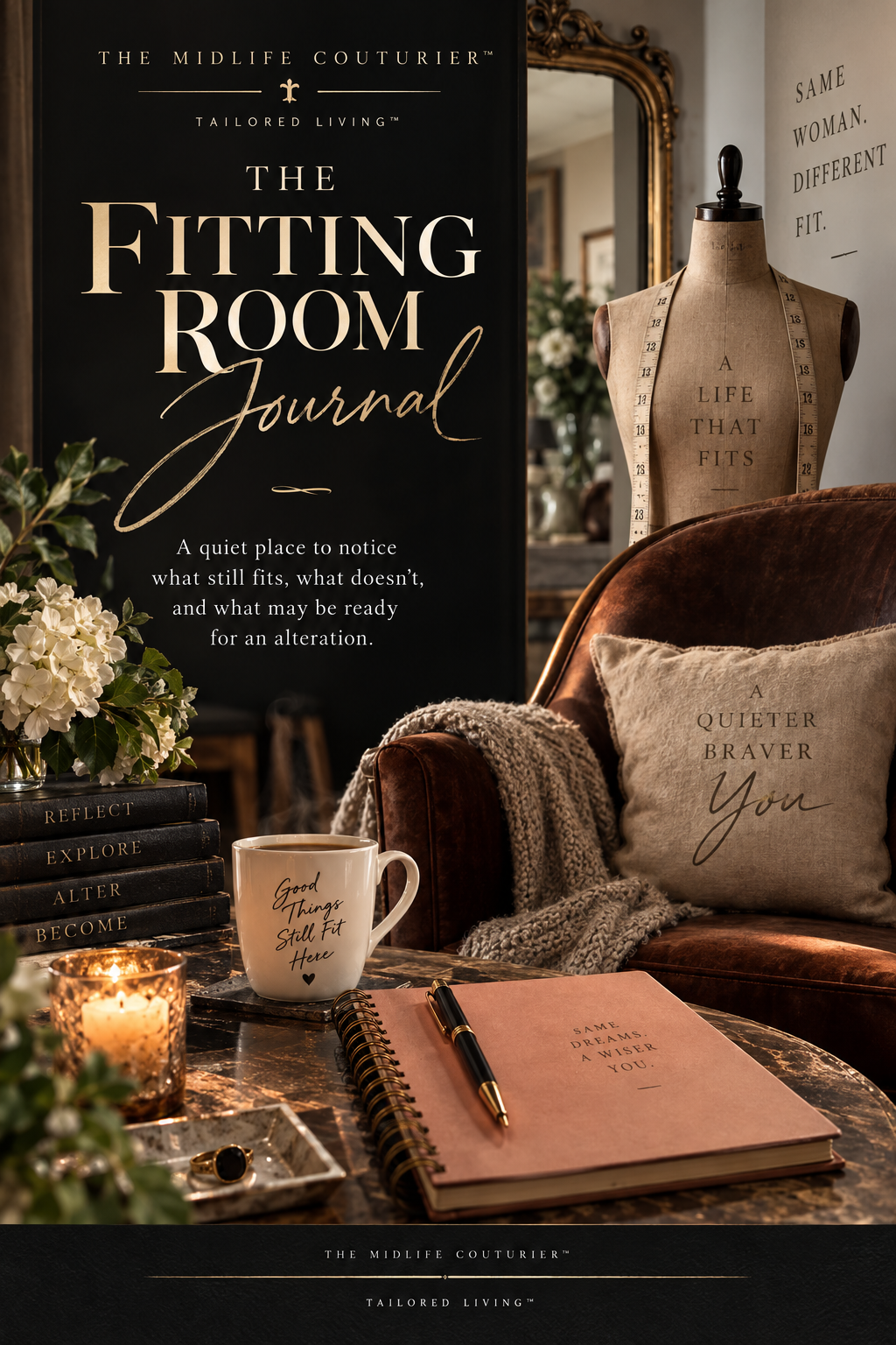 Decorative interior scene with a black sign titled "The Fitting Room Journal," a dress form with measuring tape, a cushion with the text "A Quieter Braver You," a cup with the words "Good Things Still Fit Here," a notebook, a pen, a small tray with a ring, and a candle.
