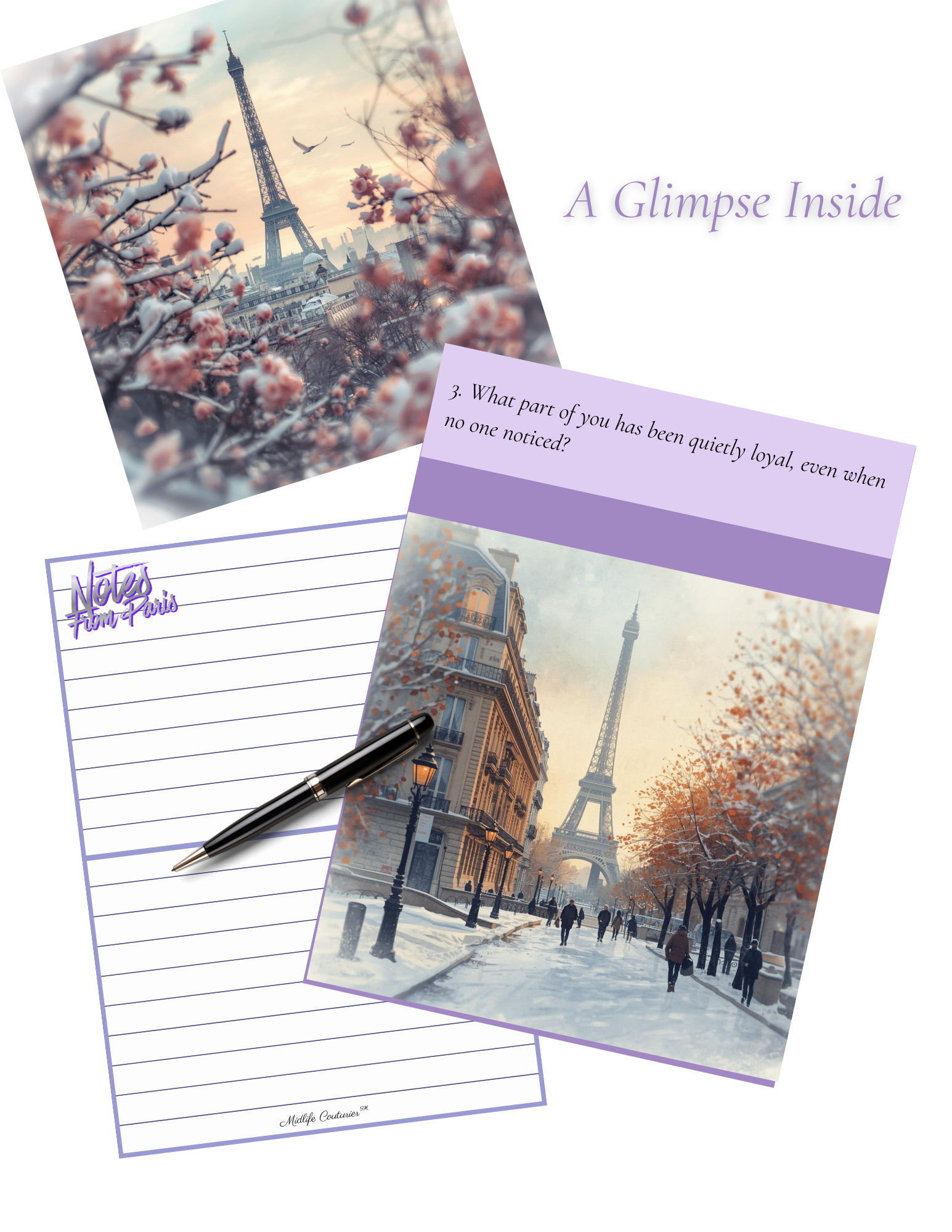 A notebook, a pen, and a photo of the Eiffel Tower in Paris with snow and fall foliage in the foreground.