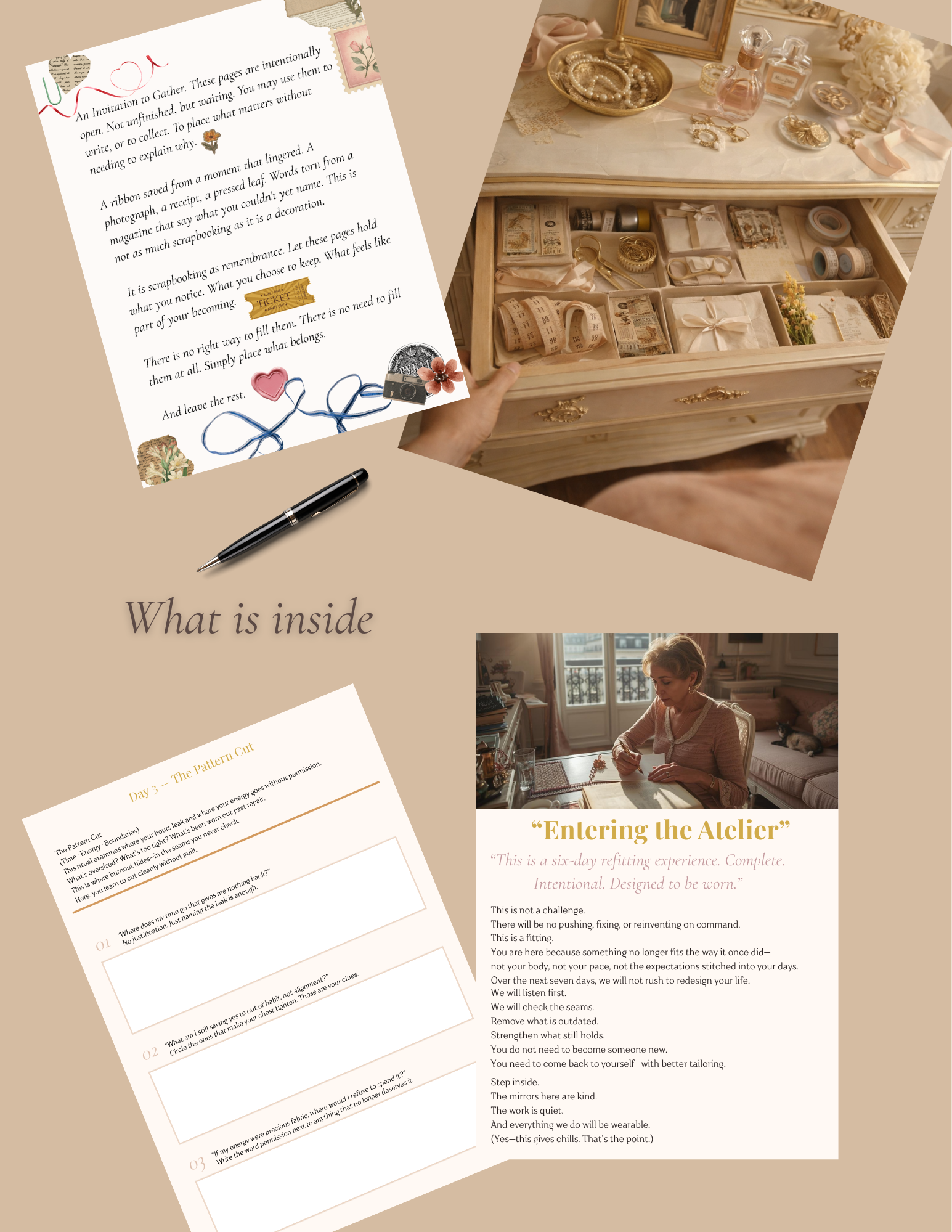 A collage featuring a handwritten letter, a wooden box filled with vintage-style sewing and craft supplies, a woman sitting at a table writing, and a pen. The background is beige with the words 'What is inside' in cursive.