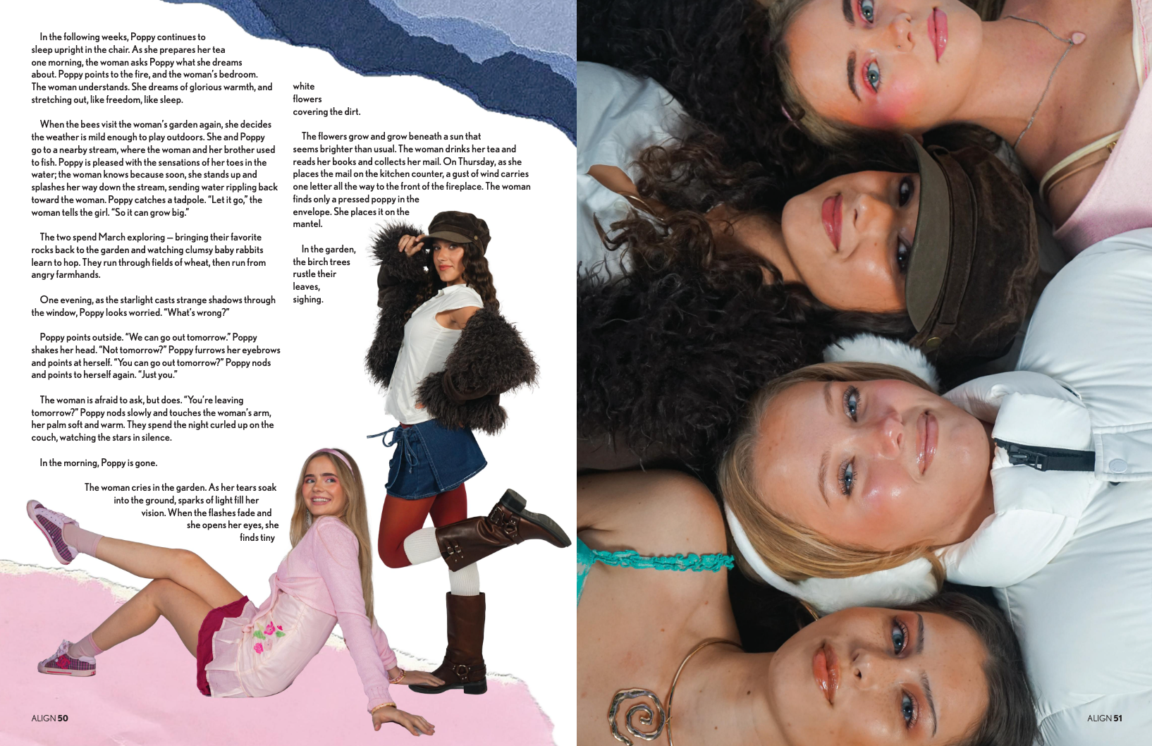Group of four women lying on the floor, looking up at the camera, with three of them closely together and one slightly apart. One woman wears a pink dress with a necklace, another has long curly hair and a hat, the third has short blonde hair and a white jacket, and the fourth woman has light brown hair and a turquoise necklace.