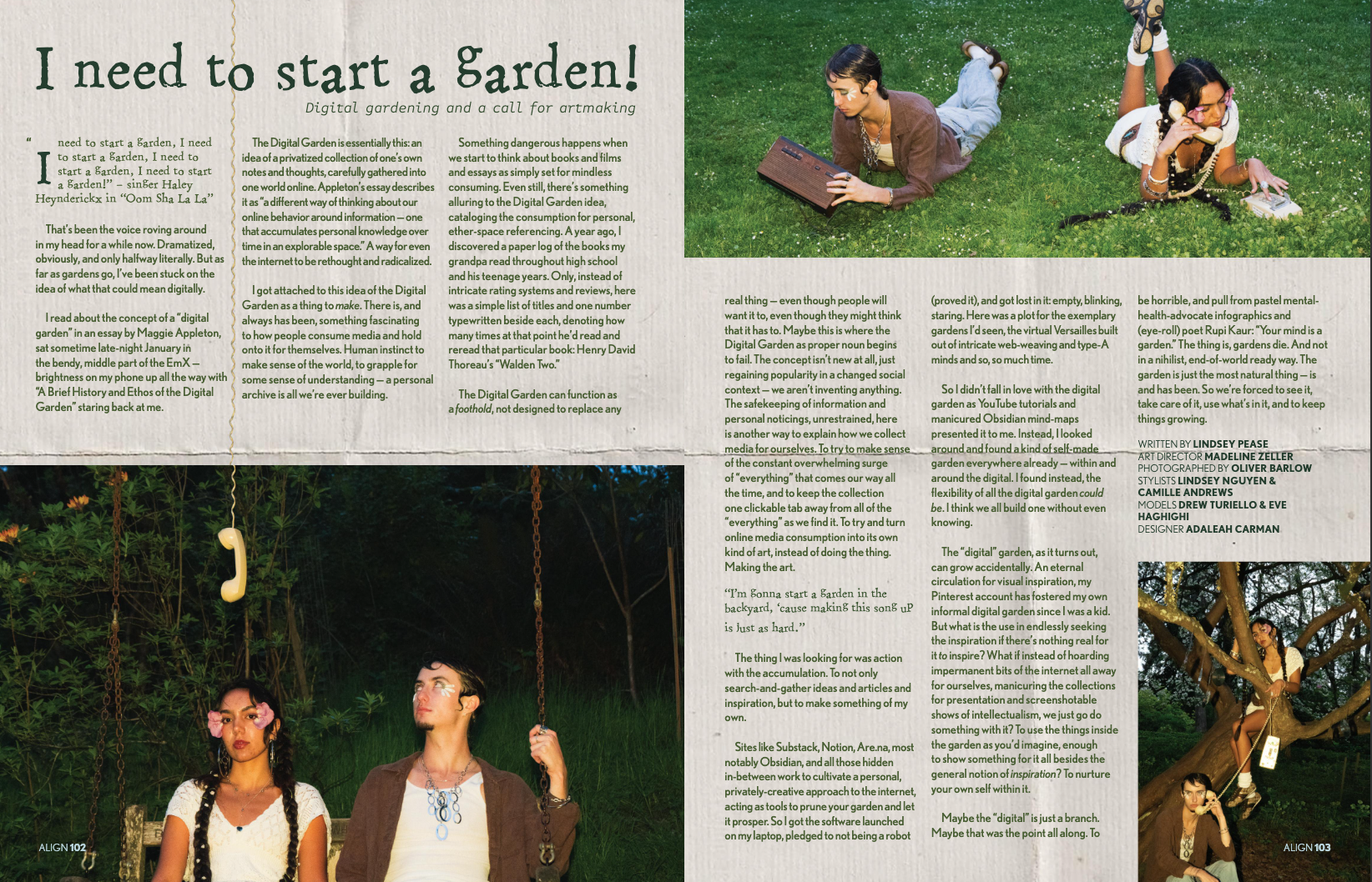 A magazine spread with the headline "I need to start a garden!" and a subtitle about digital gardening. The left page contains a column of text, and the right page features three women outdoors: one lying on her stomach with a laptop, another lying on her back on the grass with a rotary phone, and a third sitting on a tree branch with a phone. The background includes trees and grass.