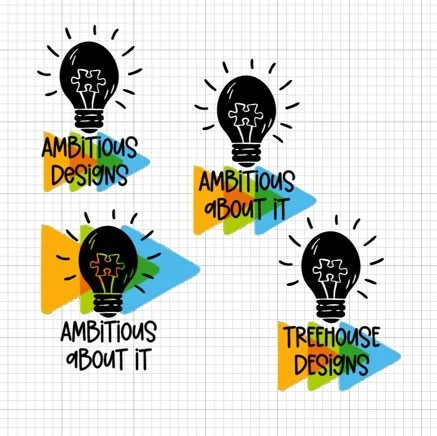 Four lightbulb icons with puzzle piece filaments, each with colorful, layered text: "Ambitious Designs", "Ambitious About It", and "Treehouse Designs" on a grid background.