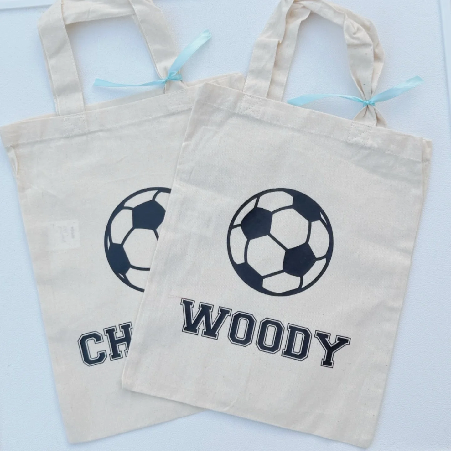 COTTON TOTE BAGS: 
This lovely customer took a set of Squishmallow bags and some football bag too and filled them herself. 
Starting from &pound;6.50 fully personalised and available to be posted all around the UK