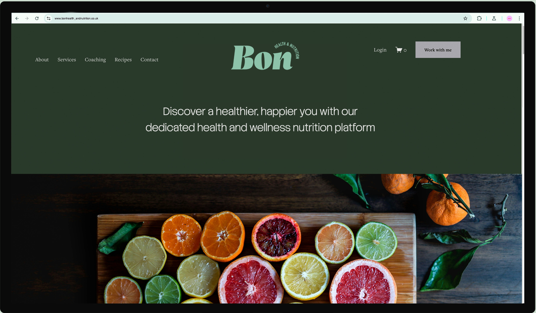 Website homepage for Bon, a health and nutrition platform, with a dark green background, logo, navigation menu, and a display of sliced citrus fruits on a wooden board.