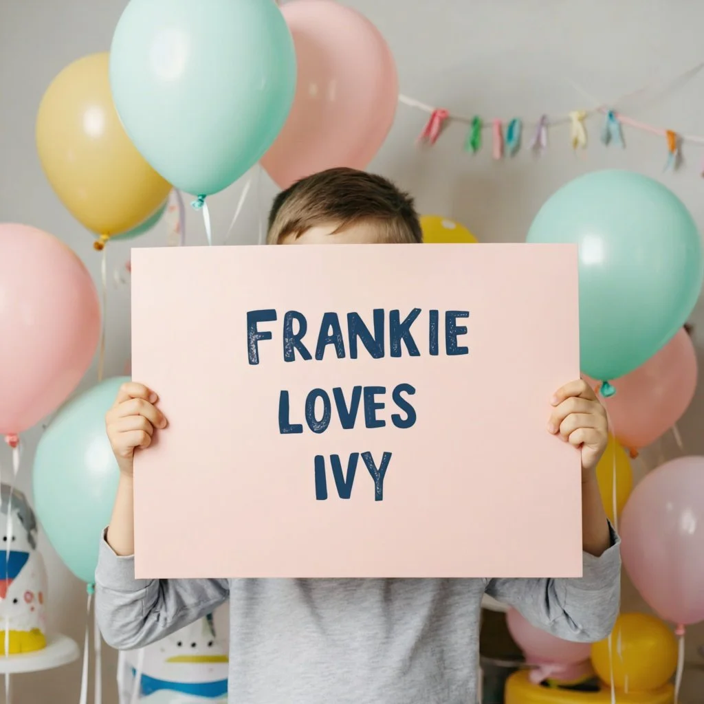 Child holding a sign that reads "Frankie loves Ivy" with pastel balloons and a colorful banner in the background