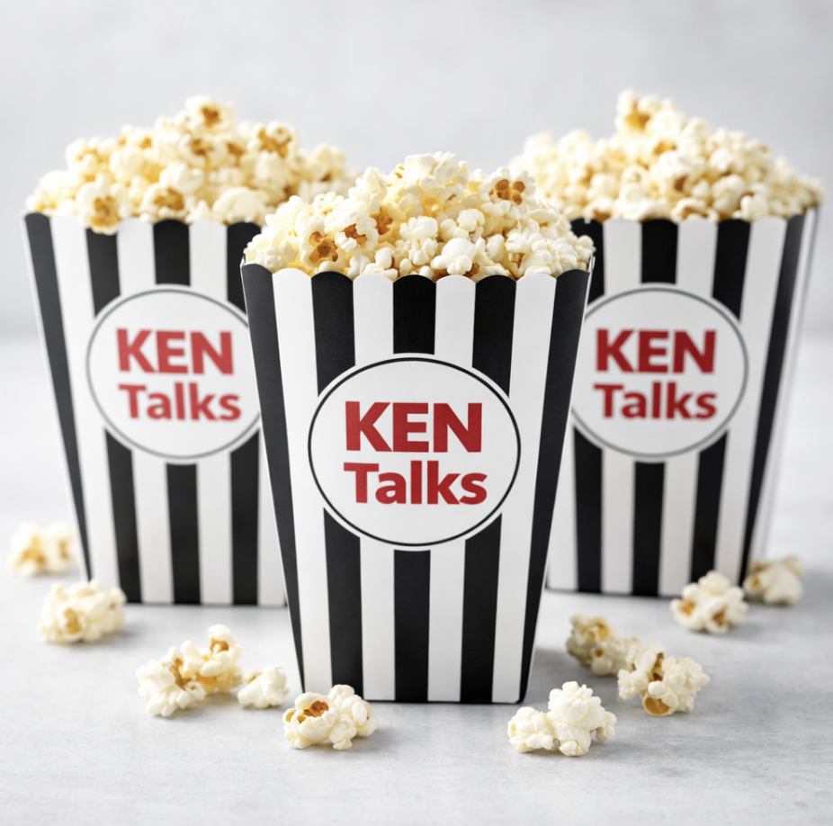 Three striped black and white popcorn containers with "KEN Talks" logo, filled with popcorn, some spilled around on a white surface.