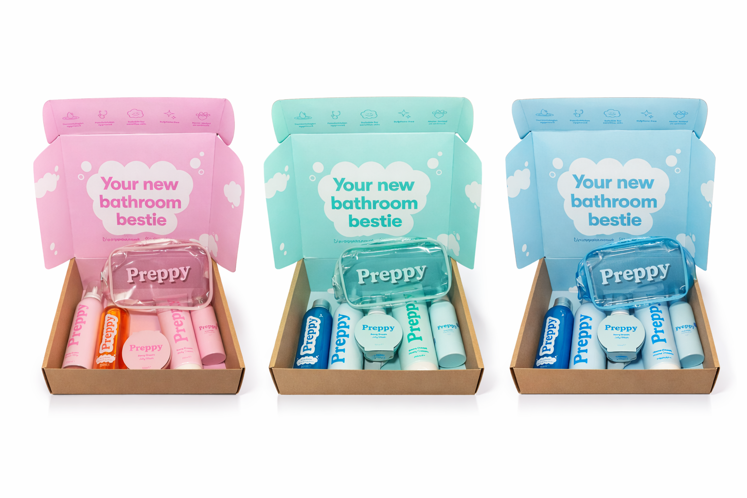 Three open boxes of bathroom care products in pink, mint green, and blue packaging, each with toiletries and a transparent case labeled 'Preppy.'