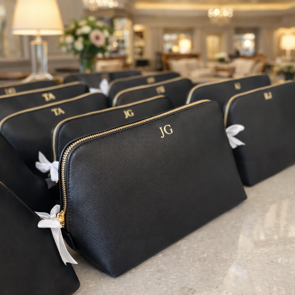 Black personalized bags with gold initials 'JG' and white ribbon bows arranged on a marble countertop in a luxurious room with floral arrangements and lamps.