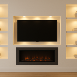 Custom drywall media wall with recessed TV, built in shelving, and electric fireplace finished and painted in a Denver home