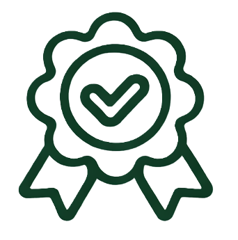 Simplified icon of a ribbon award with a checkmark in the center, representing achievement or certification.