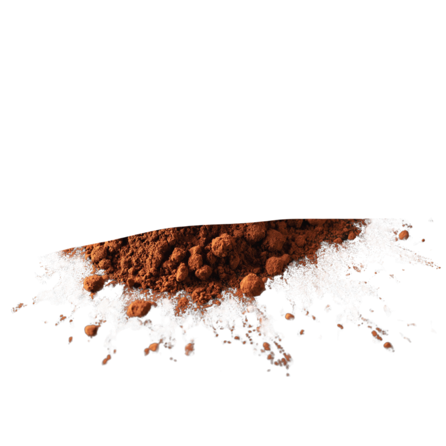 Close-up digital rendering of brown cocoa powder with a powdery, granular texture, scattered with small clumps on a black background.