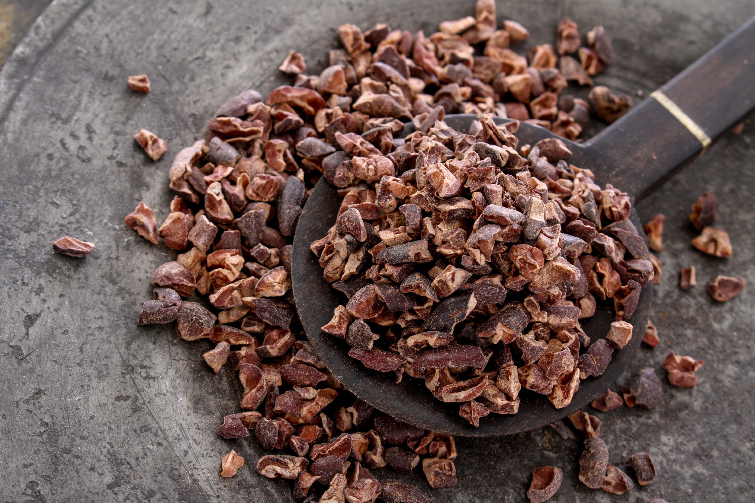 Cocoa nibs resting on a dark spoon with a rustic metal surface background.