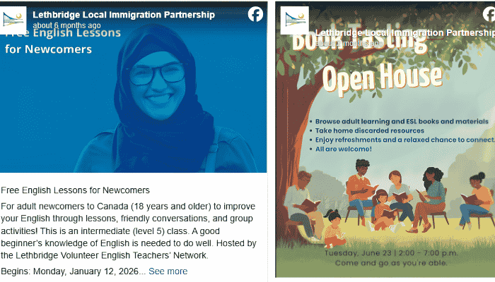 Flyers for the Lethbridge Local Immigration Partnership with details about free English lessons for newcomers and an open house event.
