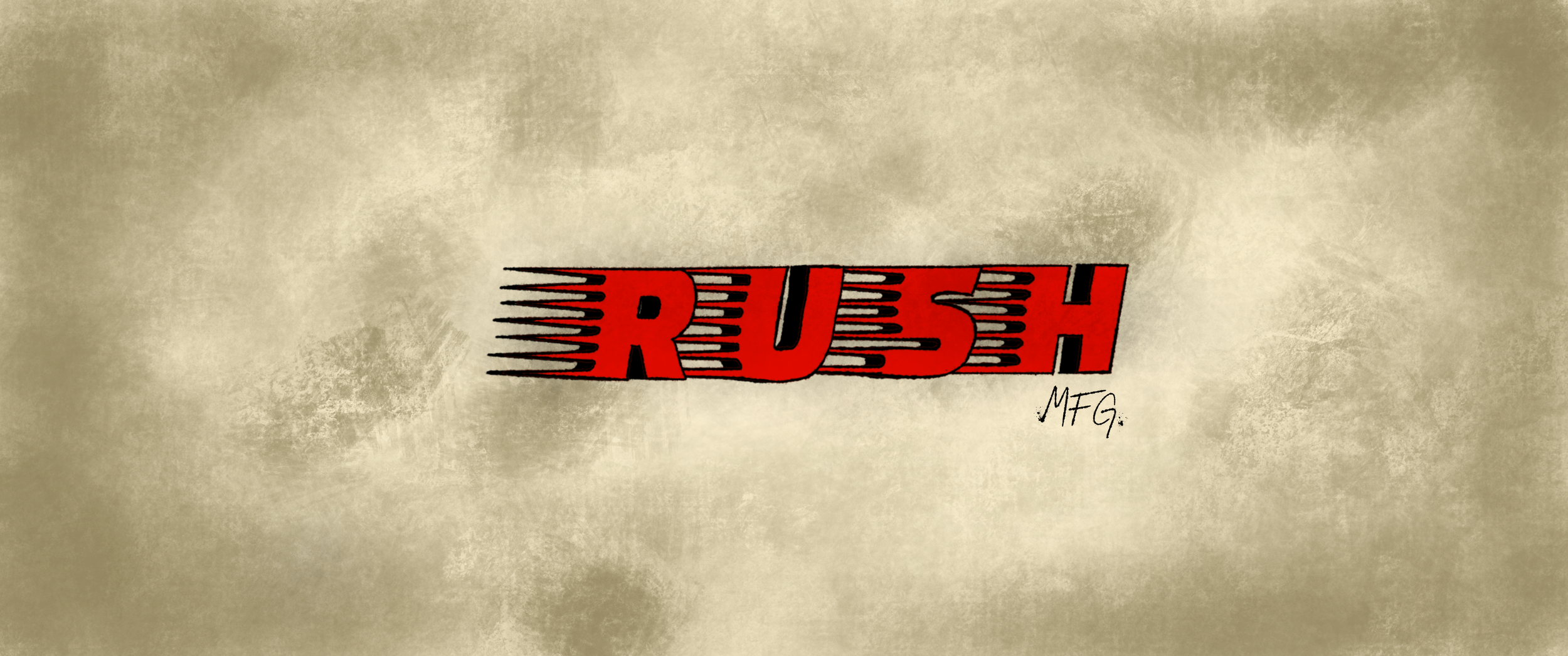 The image features the word 'RUSH' in bold red capital letters with black lines extending to the left, creating a motion effect on a textured beige background. Small handwritten text 'MFG.' appears below on the right.