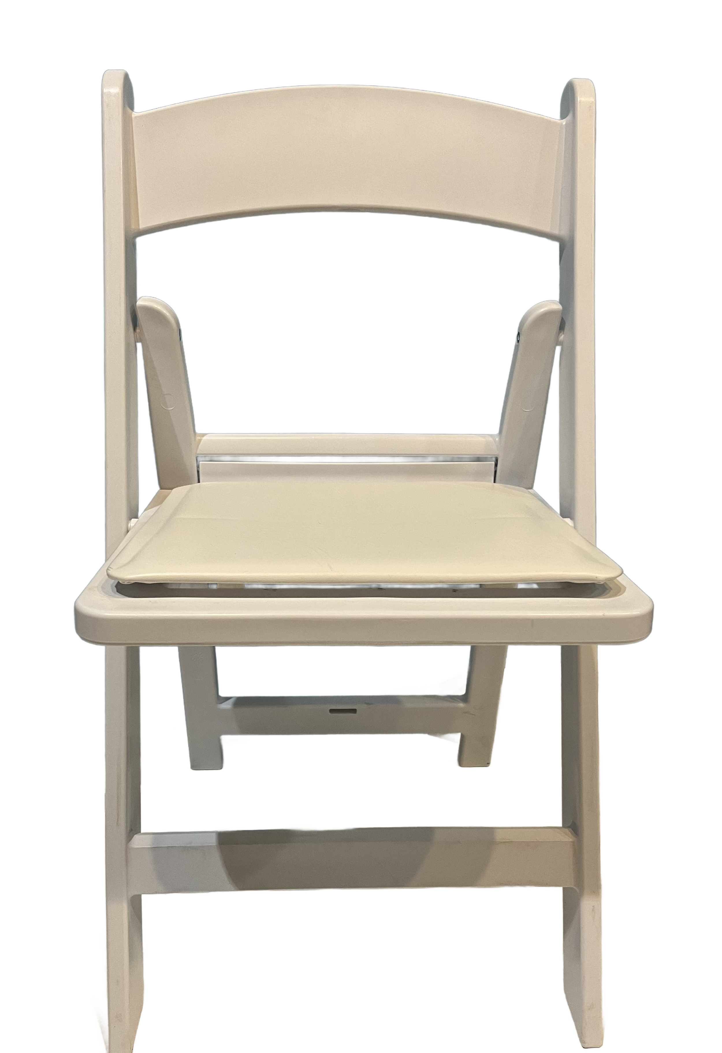 White high chairs with beige cushions aligned in a row.
