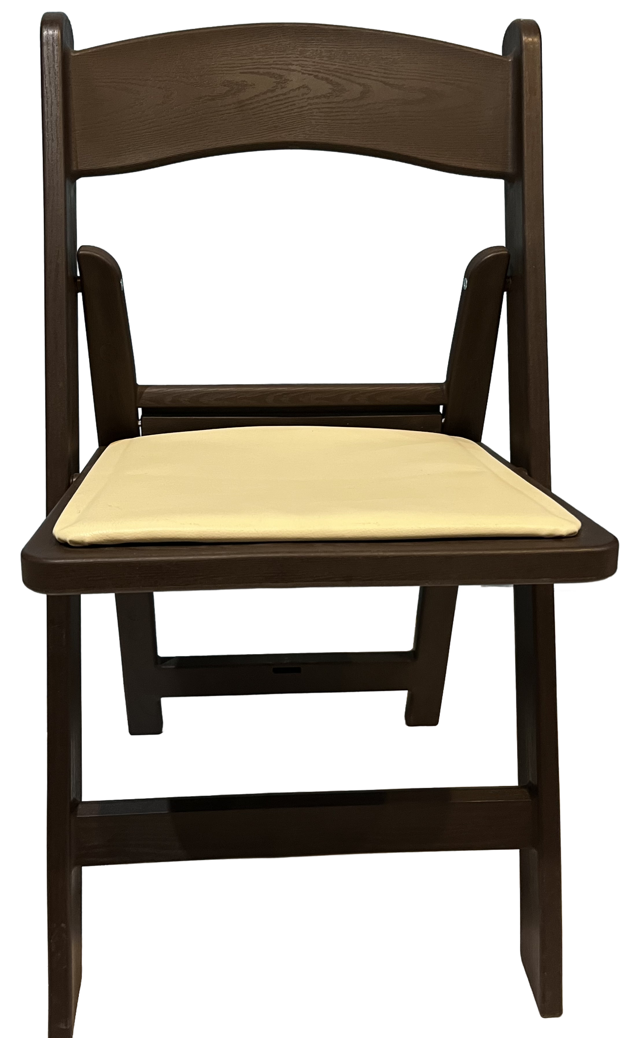 Wooden high chair with a light yellow cushioned seat.