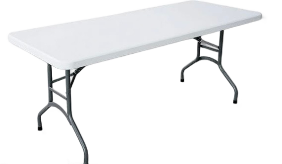 A white rectangular table with black metal legs.