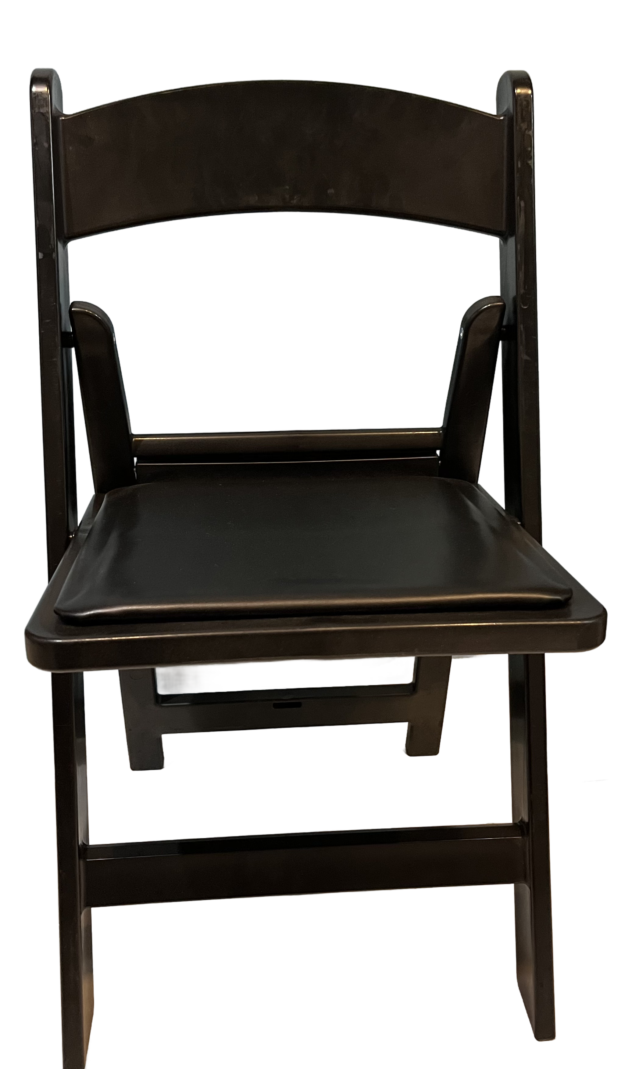 Black wooden chair with a padded black seat.