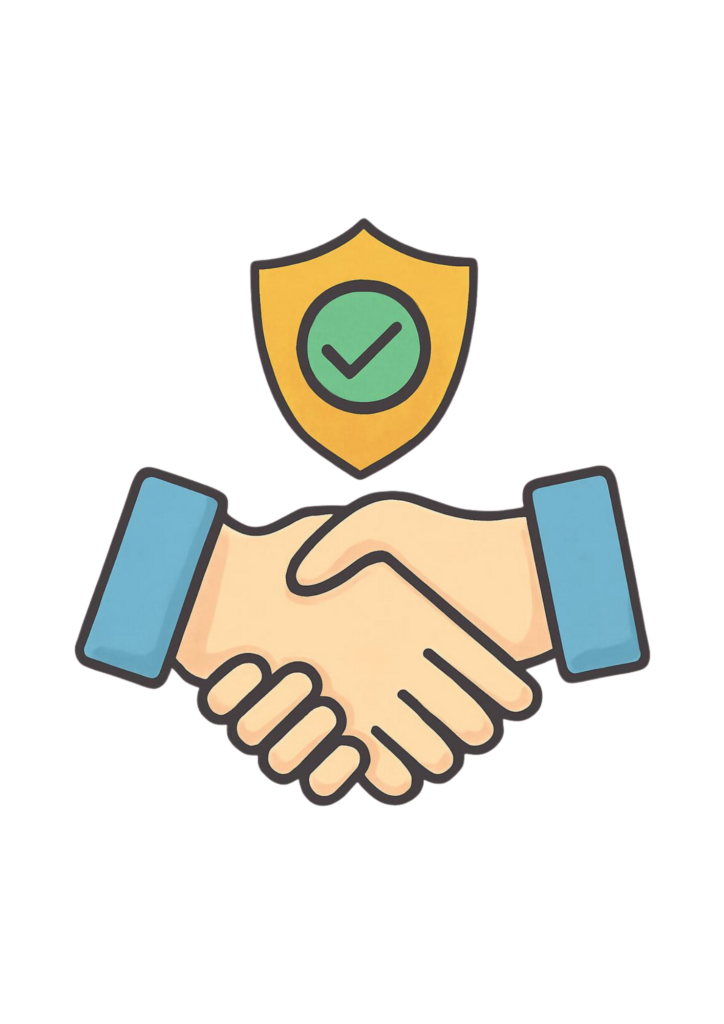 Two hands shaking with a shield symbol above them with a check mark inside, representing trust or security.