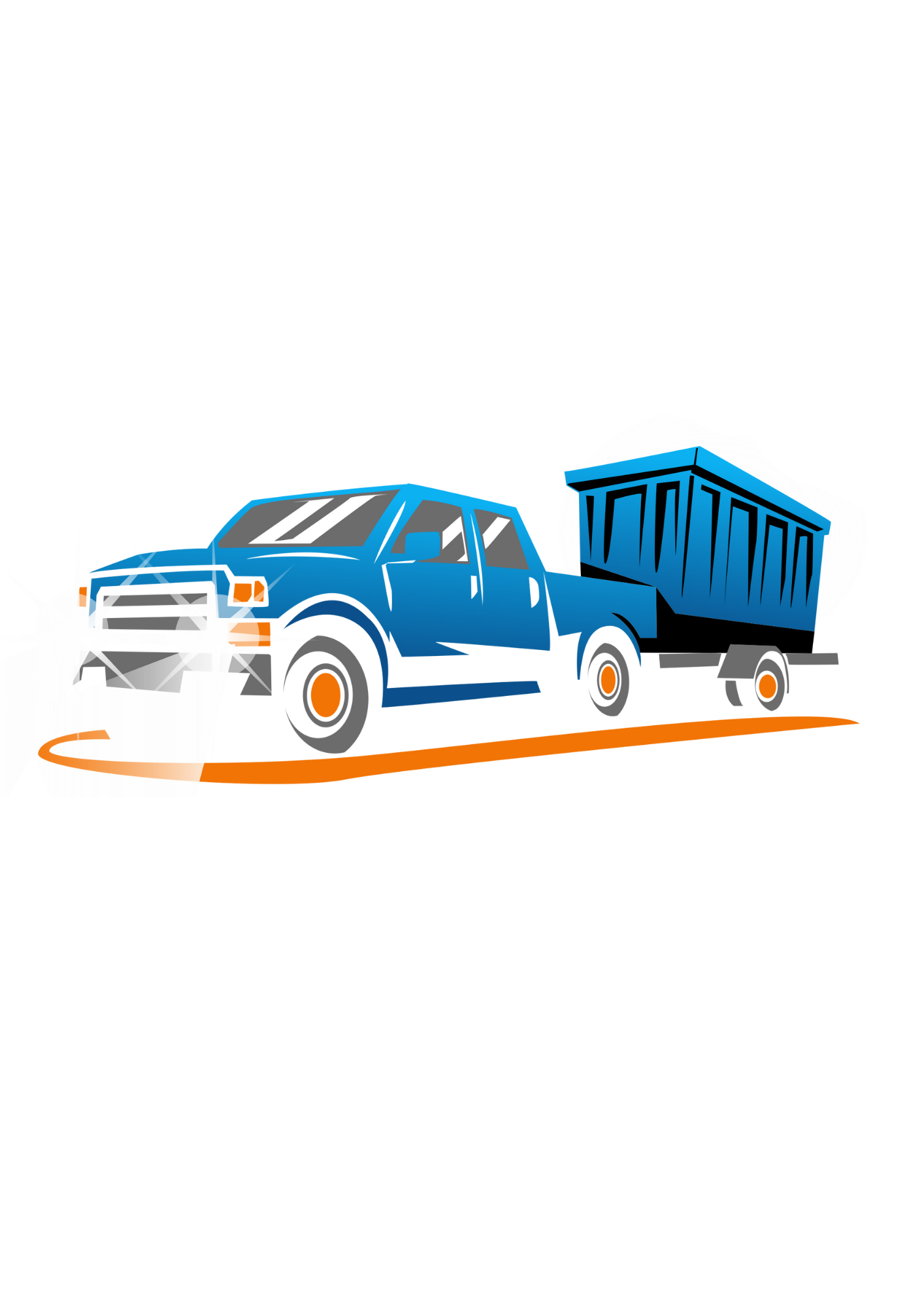 Illustration of a blue pickup truck with a trailer carrying a large blue container, driving on an orange and white road with motion lines.