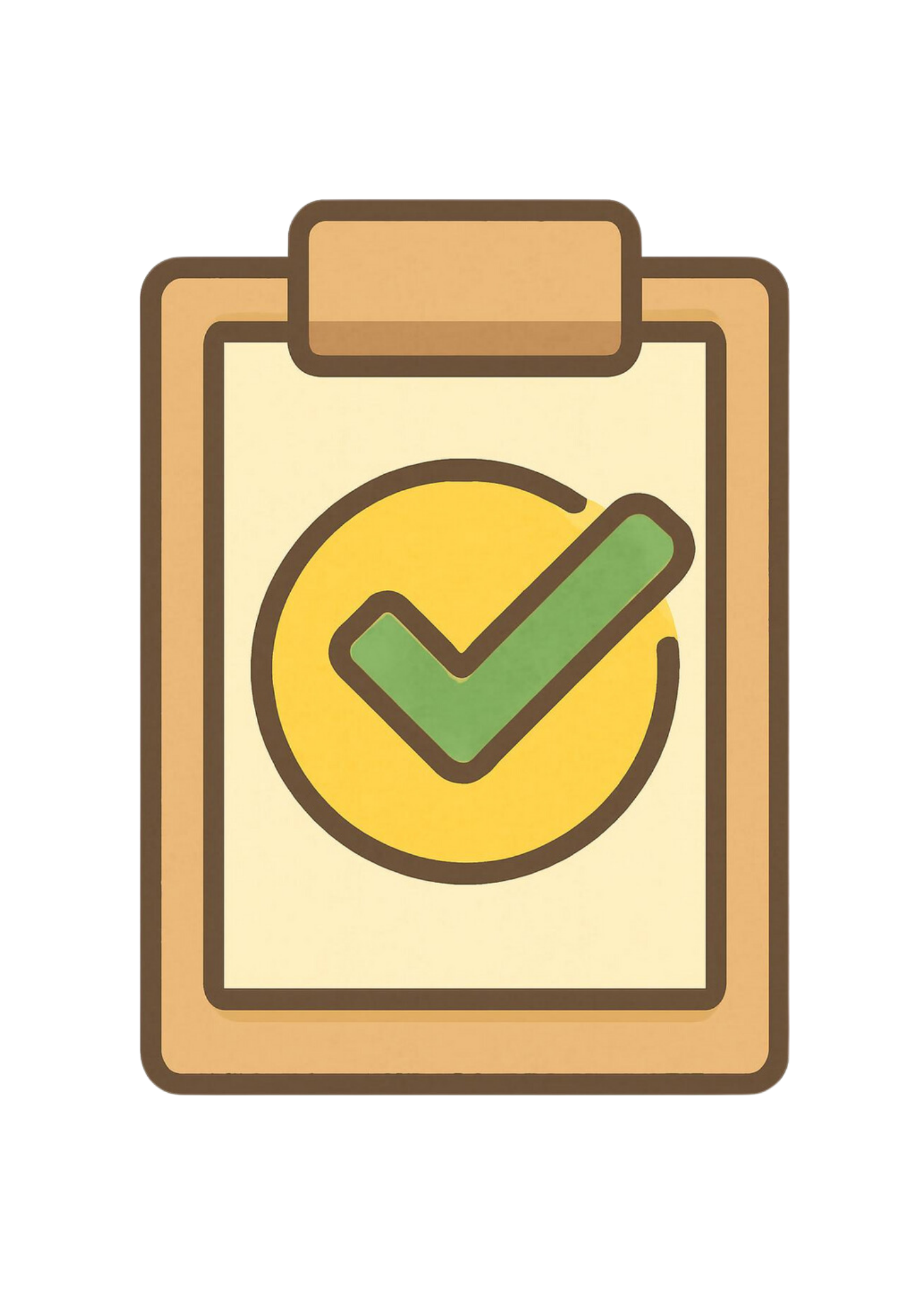 A clipboard with a yellow checkmark inside a yellow circle, indicating approval or completion, on a plain white background.