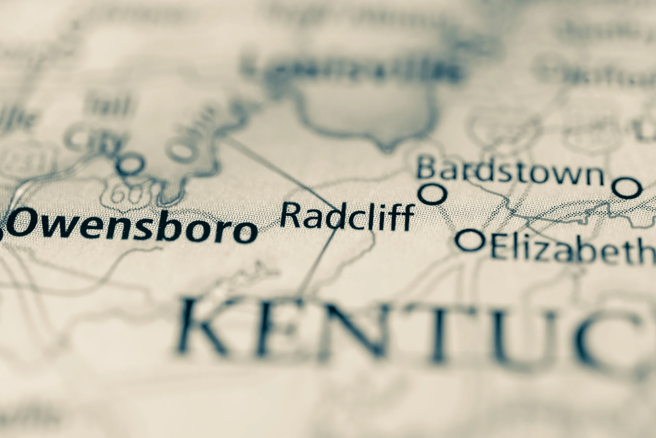 Close-up of a map showing towns including Owensboro, Radcliff, Bardstown, and Elizabeth in Kentucky.