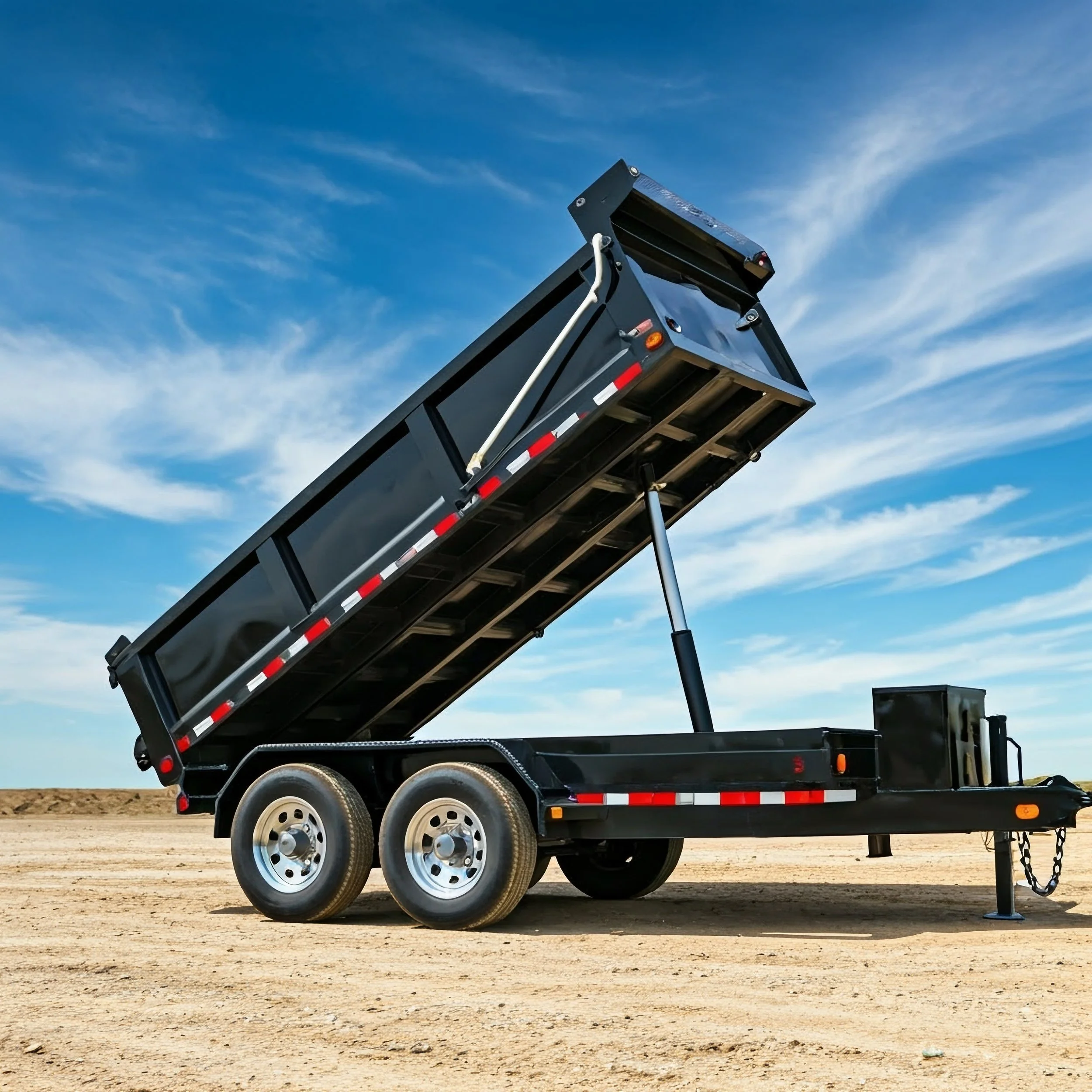 A black dump trailer with a raised bed on a dirt ground under a blue sky with white clouds.
