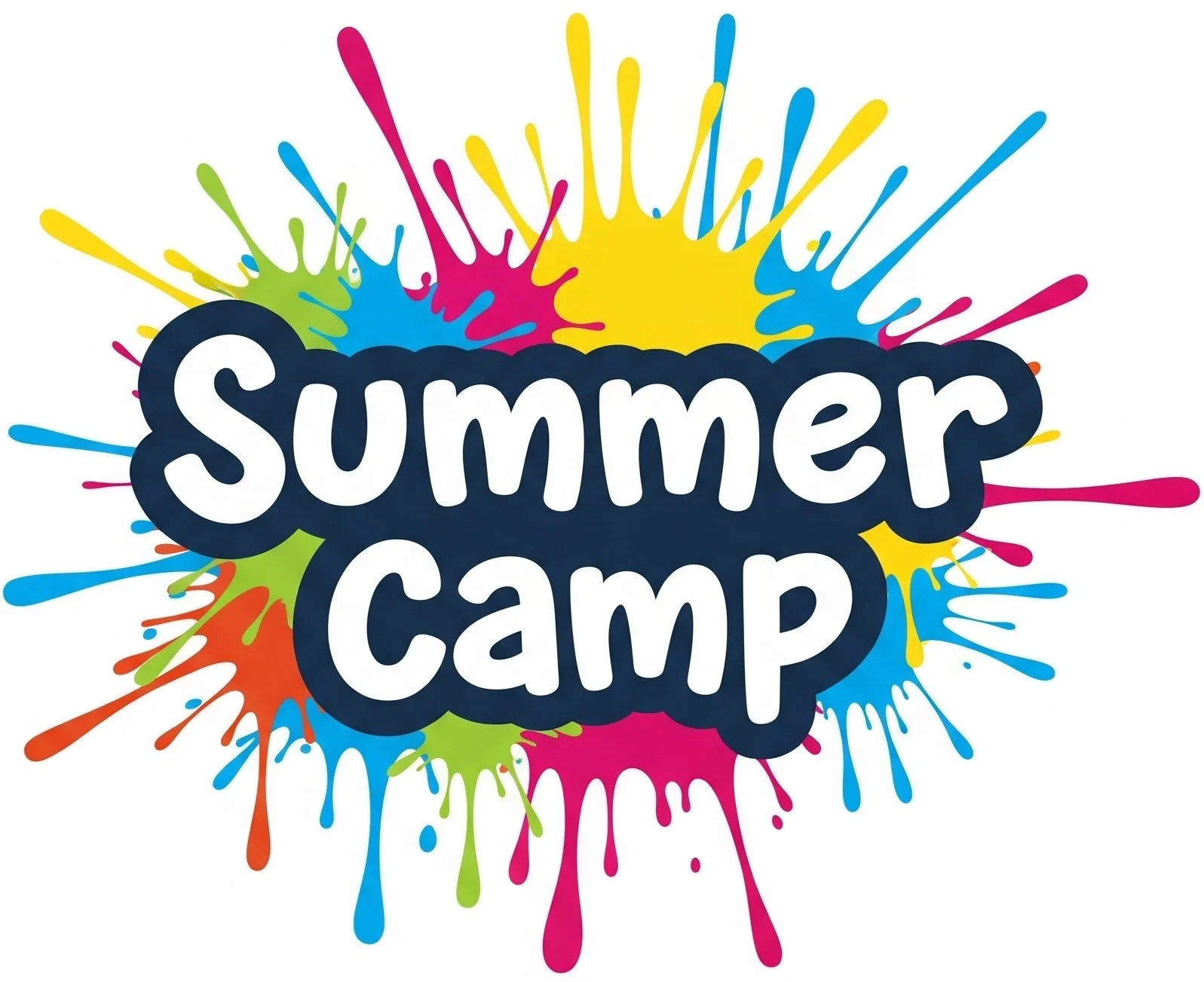 Bright colorful graphic, paint splashes, summer art camp, half-day, kids, make friends, imagination, fun