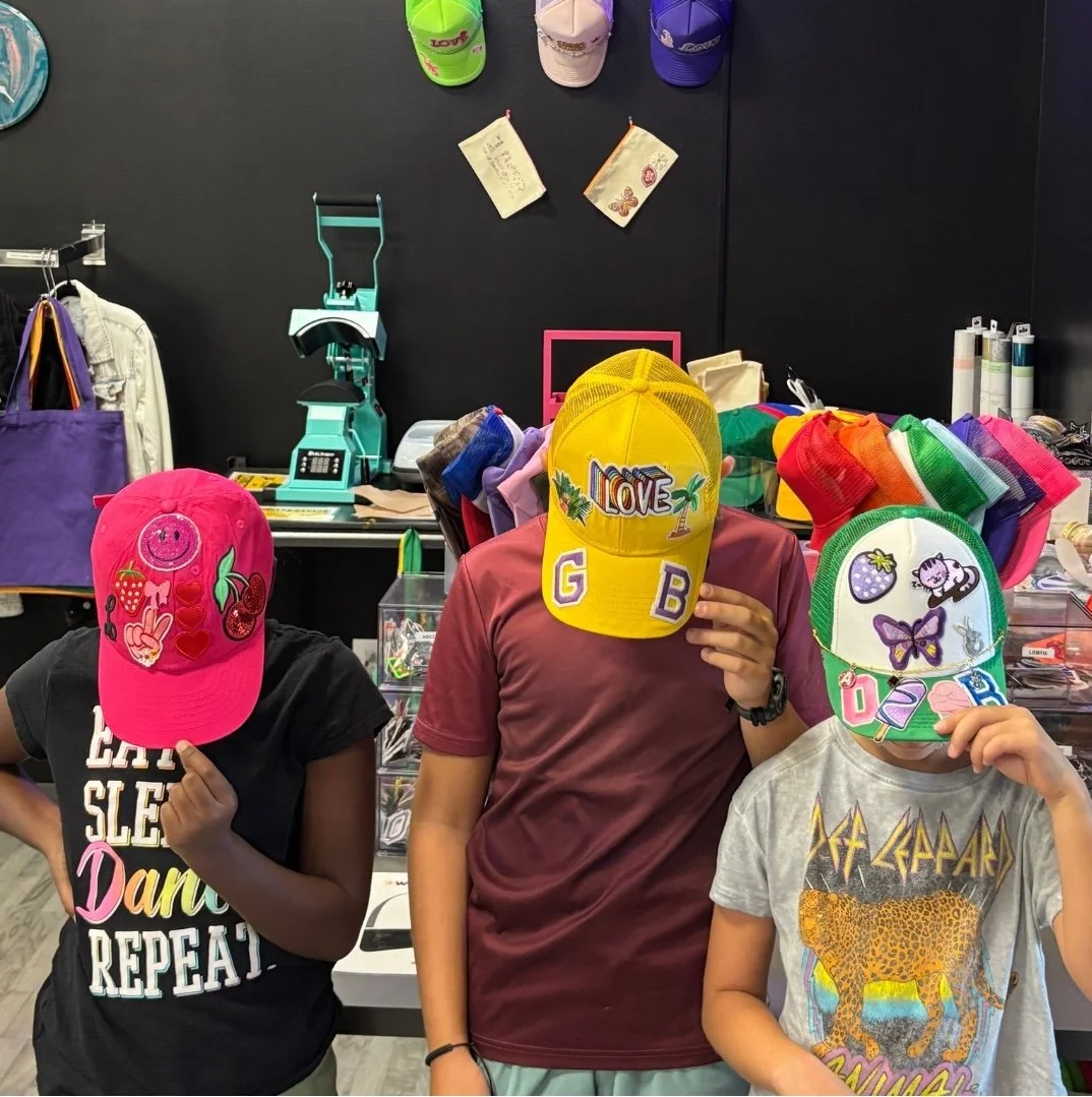 Summer art camp, half-day camp, three kids, custom hats, patches, pins, beads, chains, charms, tote bags, art studio, happy kids