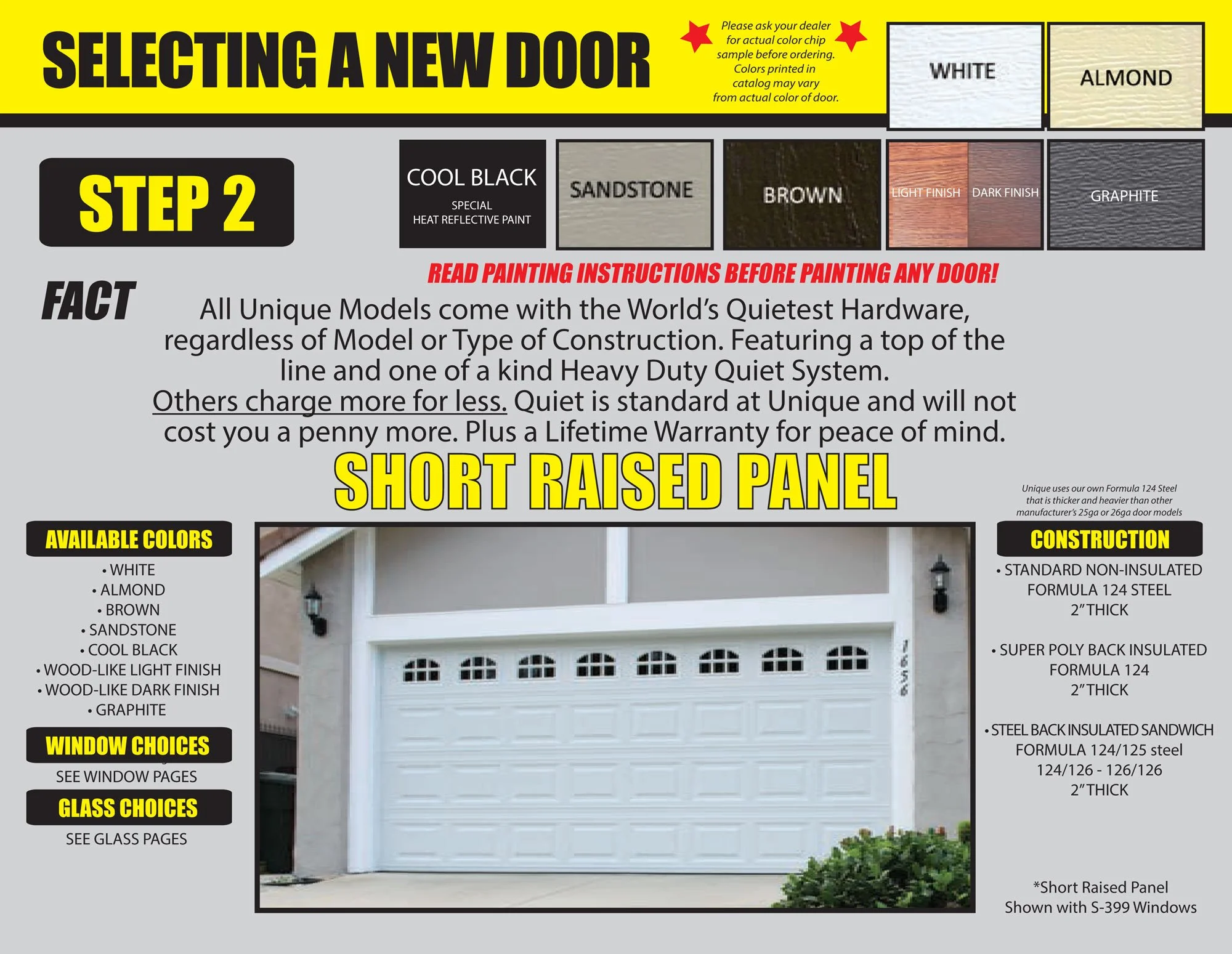 A garage door sample with options for selecting a new door. The image shows a white short raised panel garage door with a row of small windows at the top, situated under a building with decorative exterior lights on each side.